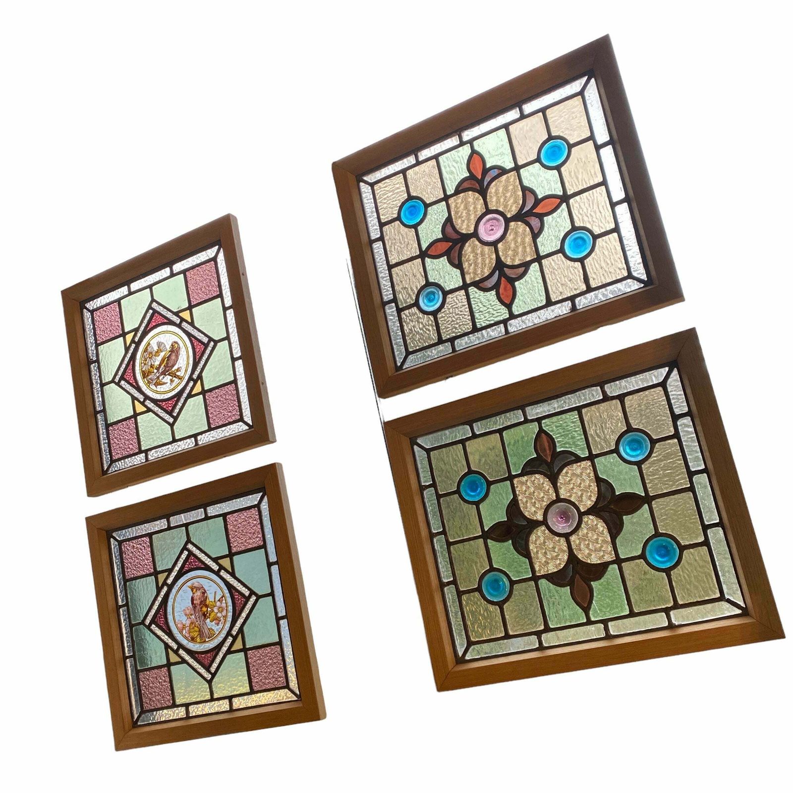 Victorian English Leaded Stained Glass Birds Flowers #4 photo vinterior
