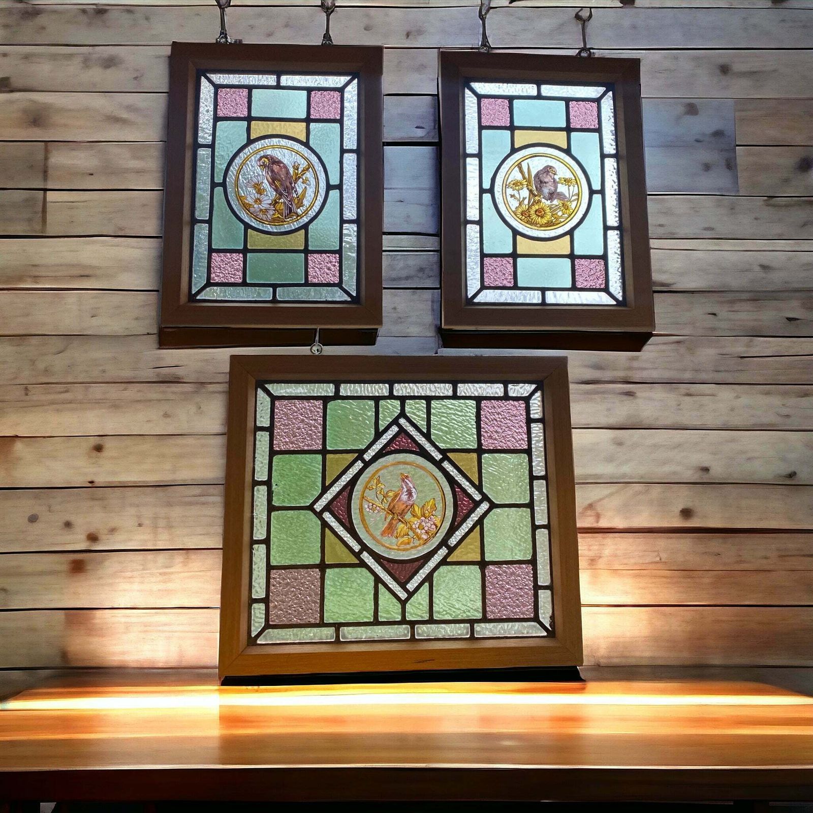 photo furniture Victorian English Leaded Stained Glass Birds Flowers #4