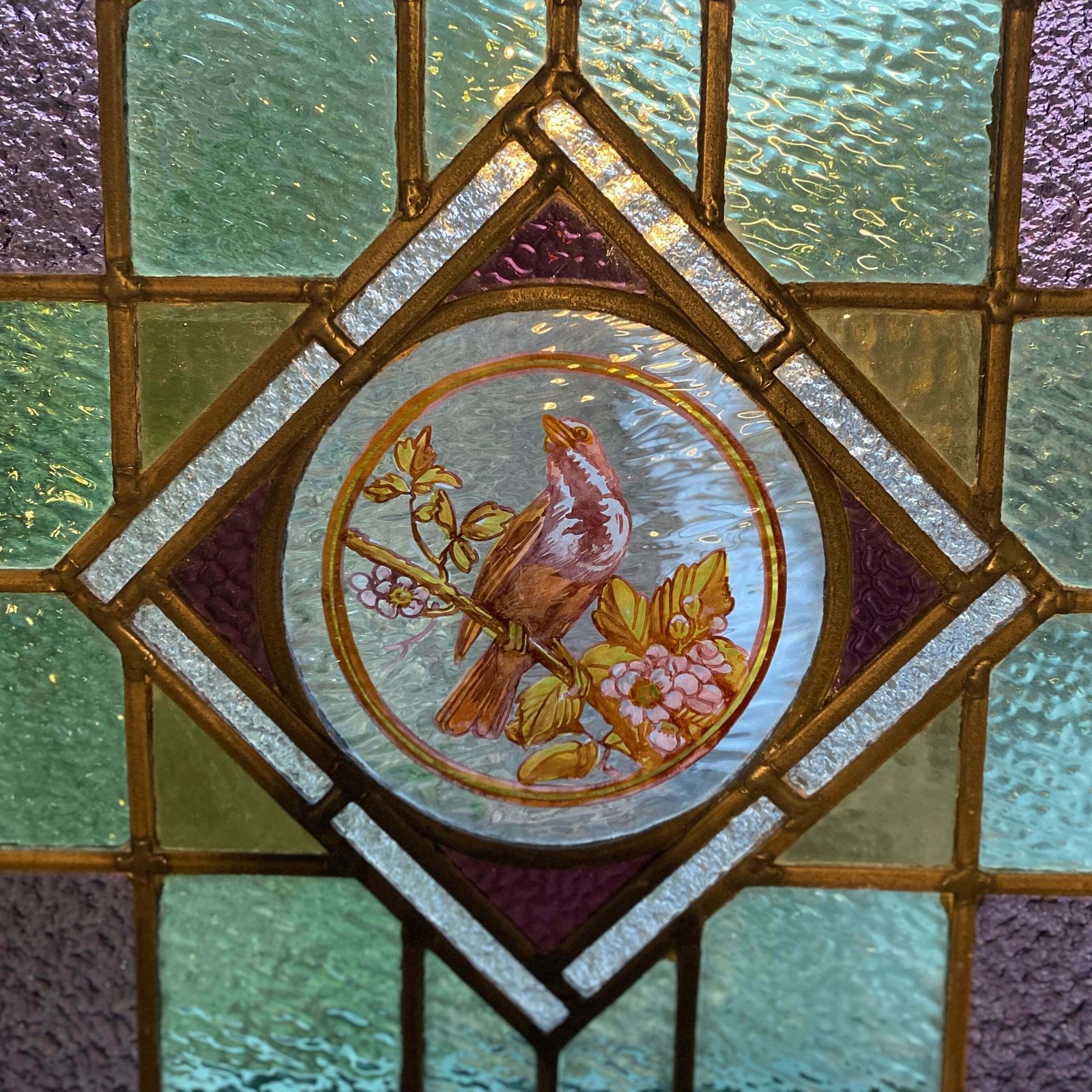 Victorian English Leaded Stained Glass Birds Flowers #7 photo vinterior