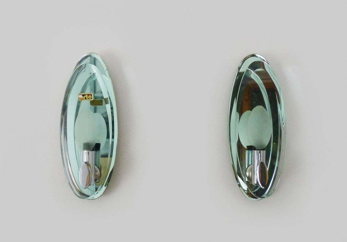 Pair Of Mint Green Mirrored Glass Fontana Arte Wall Lights C.1970 photo for sale