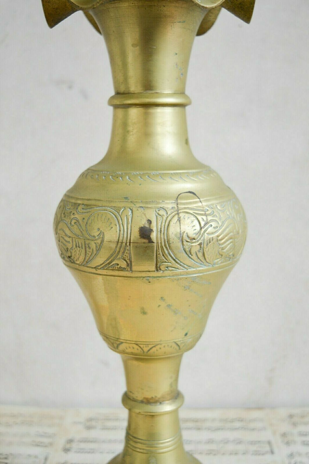 Large Vintage Brass Fluted Vase, Tall Heavy Etched Gold Brass Hand Made Vase, 1615 Kilos photo 75.0