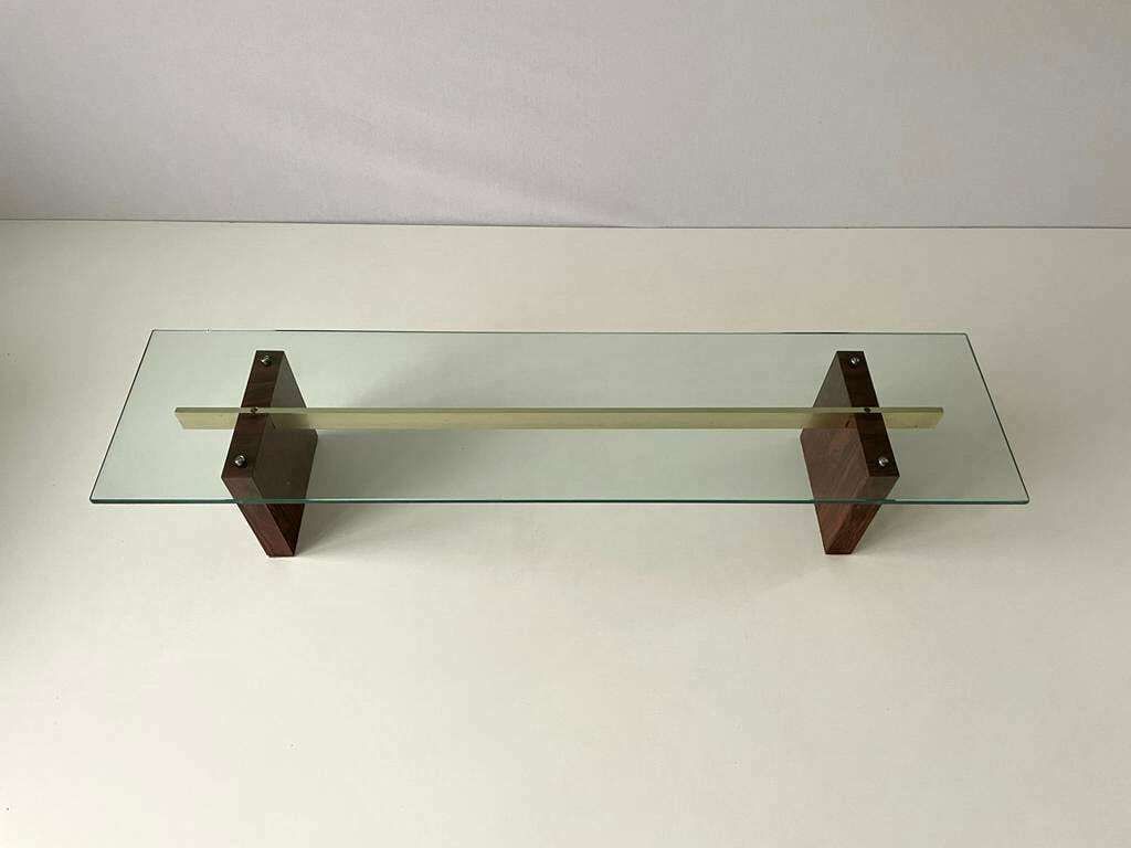 Mid Century Modern Minimalist Thick Glass Top Living Room Table With Wood Legs, 1960s photo furniture