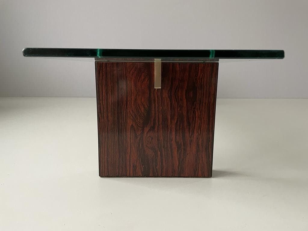 Mid Century Modern Minimalist Thick Glass Top Living Room Table With Wood Legs, 1960s photo vintage