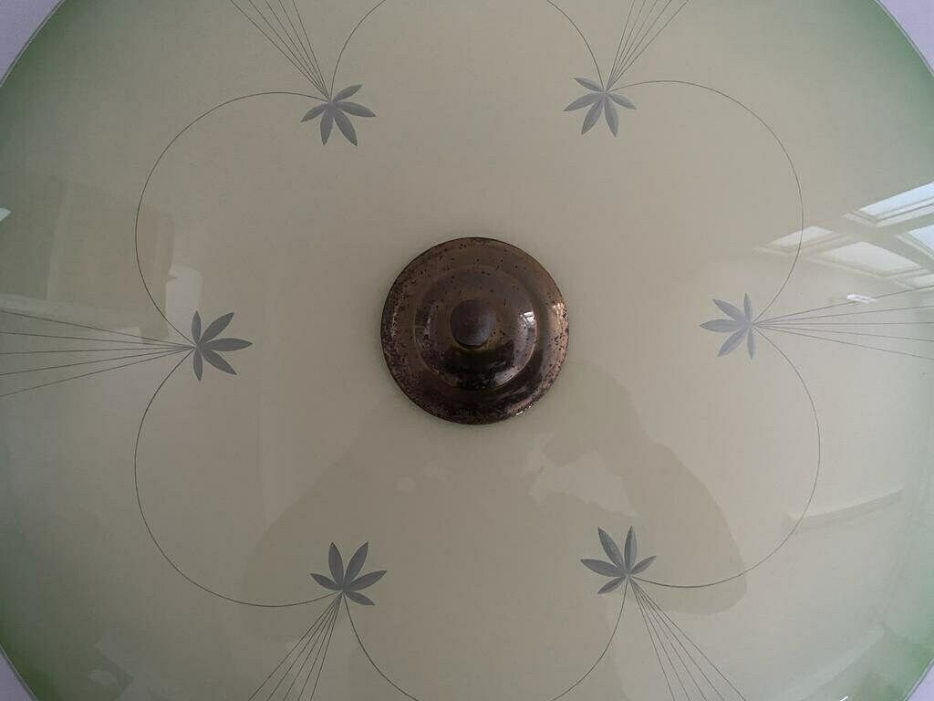 Mid Century Ufo Design Green Glass And Gold Metal Flush Mount Ceiling Lamp, 1950s, Germany photo vintage