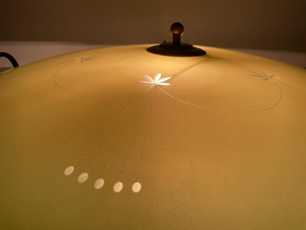 photo furniture Mid Century Ufo Design Green Glass And Gold Metal Flush Mount Ceiling Lamp, 1950s, Germany