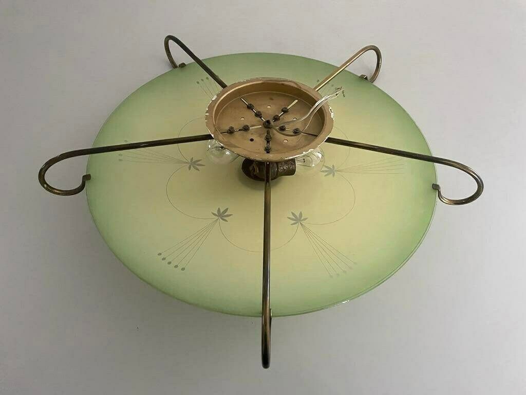 photo for sale Mid Century Ufo Design Green Glass And Gold Metal Flush Mount Ceiling Lamp, 1950s, Germany