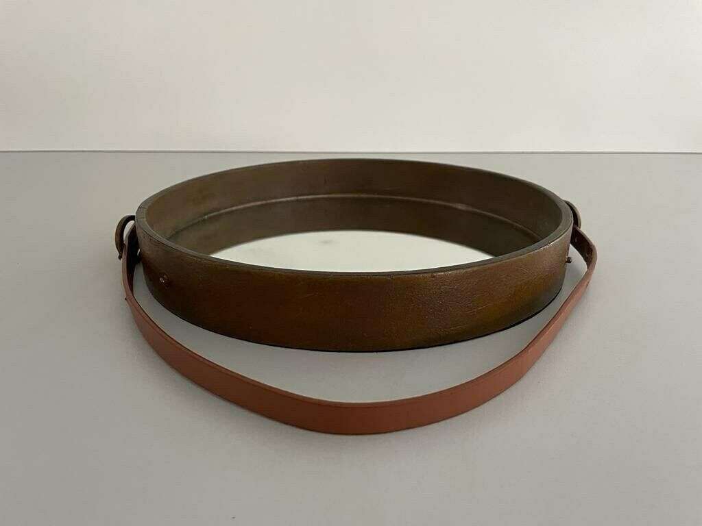 photo furniture Italian Round Leather Wall Mirror With Leather Strap, 1960s, Italy