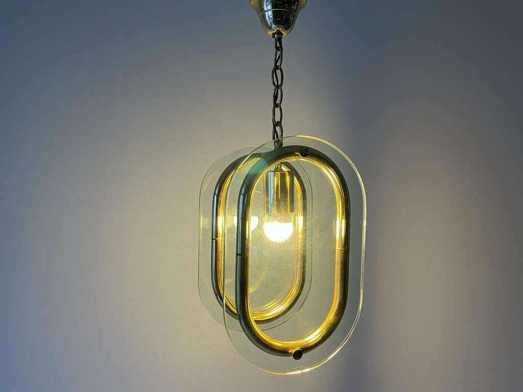 Beautiful Italian Design 2 Thick Glass Piece & Brass Body Ceiling Lamp, 1970s, Italy photo buy