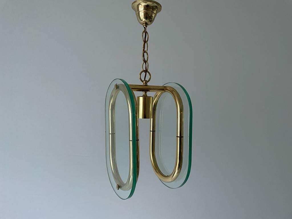 photo for sale Beautiful Italian Design 2 Thick Glass Piece & Brass Body Ceiling Lamp, 1970s, Italy