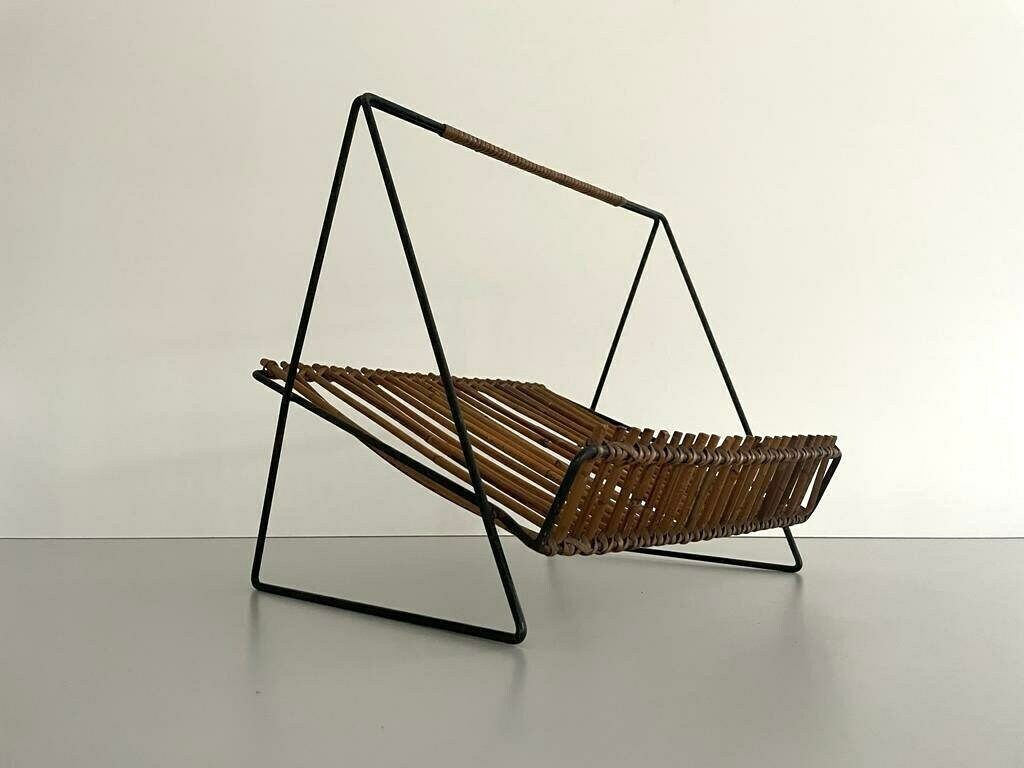 Mid Century Black Metal And Rattan Magazine   Newspaper Stand, 1950s, Italy photo furniture
