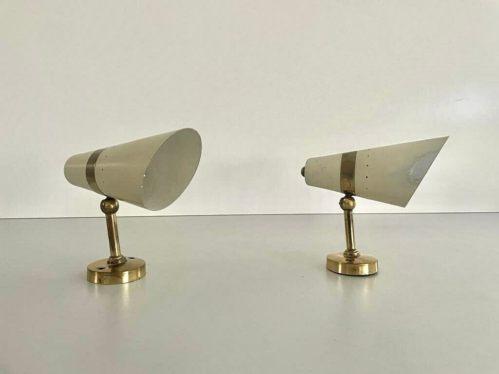 Worn Cream Metal And Brass Body Italian Design Pair Of Sconces, In Style Of Stilnovo, 1950s, Italy