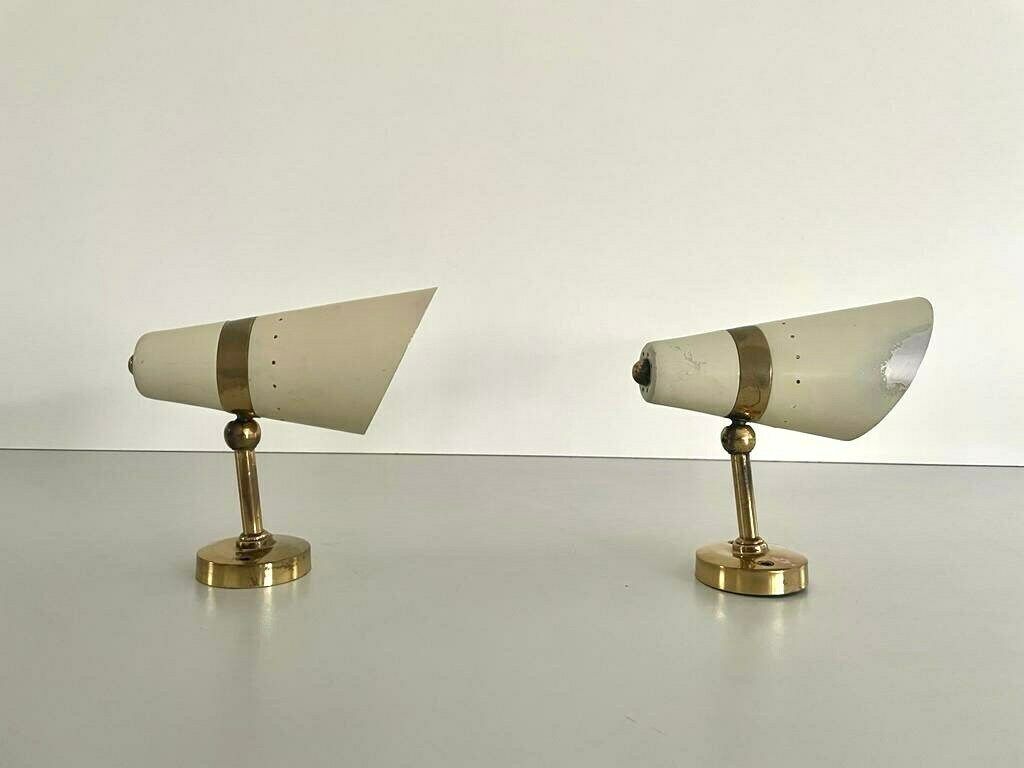 Worn Cream Metal And Brass Body Italian Design Pair Of Sconces, In Style Of Stilnovo, 1950s, Italy photo for sale