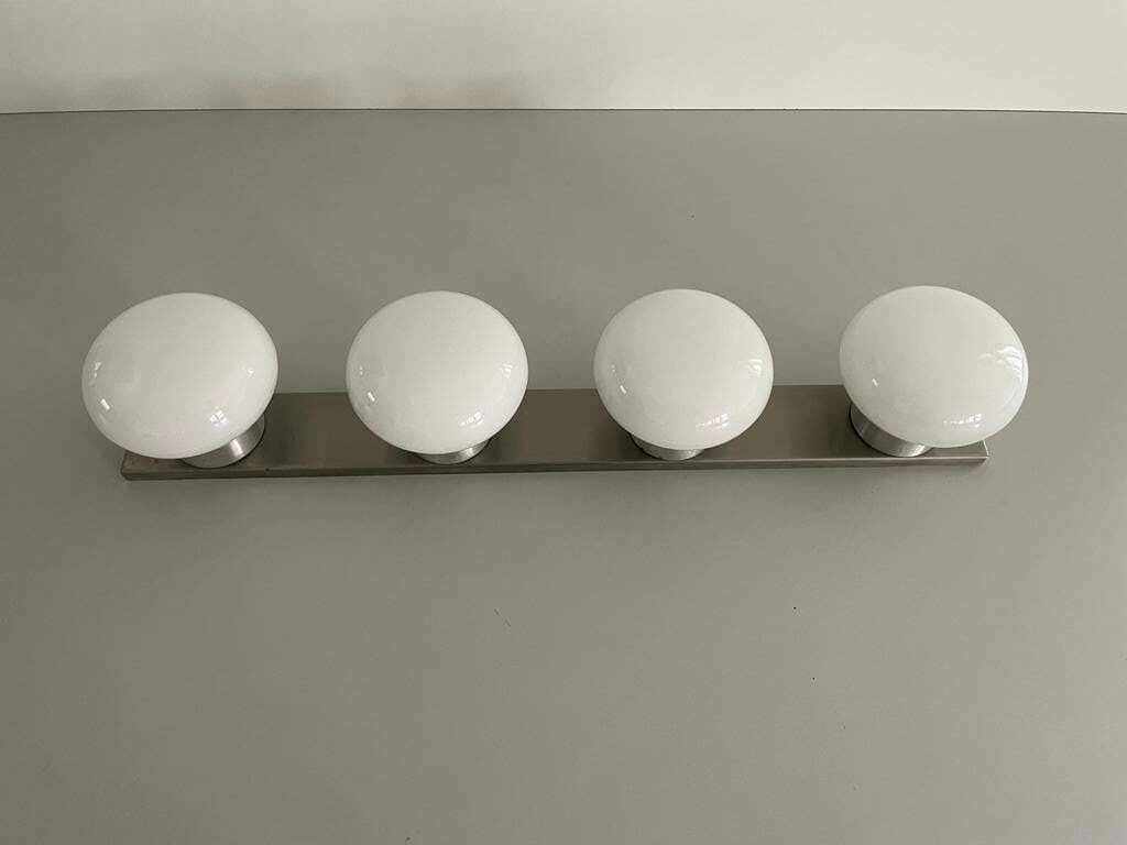 4 Opaline Glass Shade And Metallic Gray Base Flush Mount Ceiling Lamp, 1970s, Italy photo vinterior
