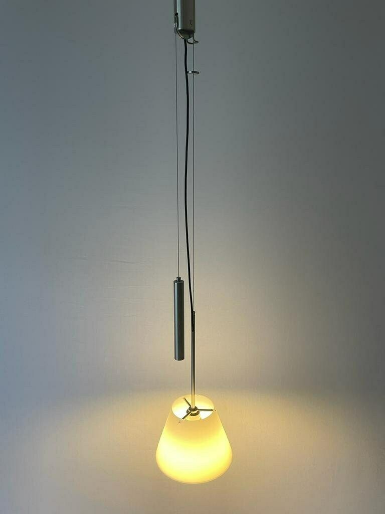 photo for sale Glass Shade And Metallic Gray Body Adjustable Counterweight Pendant Lamp, 1970s, Germany