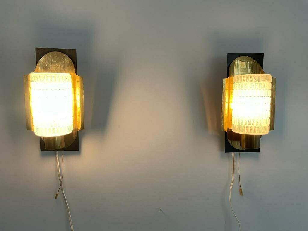 Mid Century Textured Glass & Brass Pair Of Sconces, 1950s, Germany photo 834.0