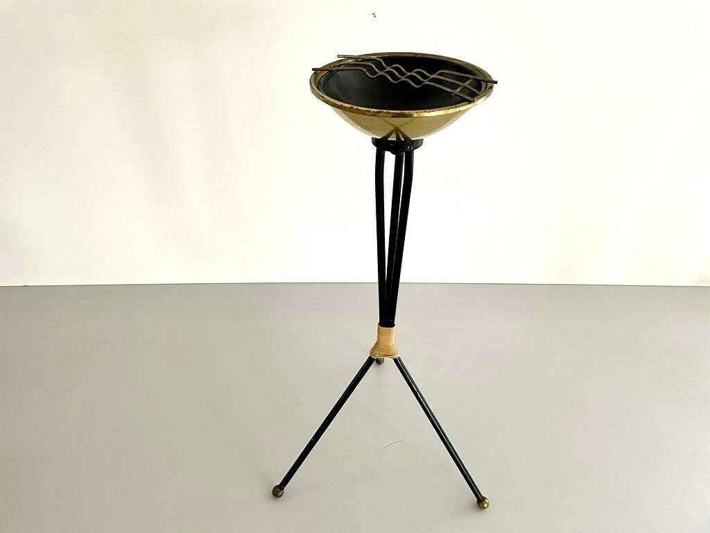 Italian Black Body   Gold Top Metal Elegantly Designed Self Standing Tripod Ashtray   1950s, Italy photo furniture