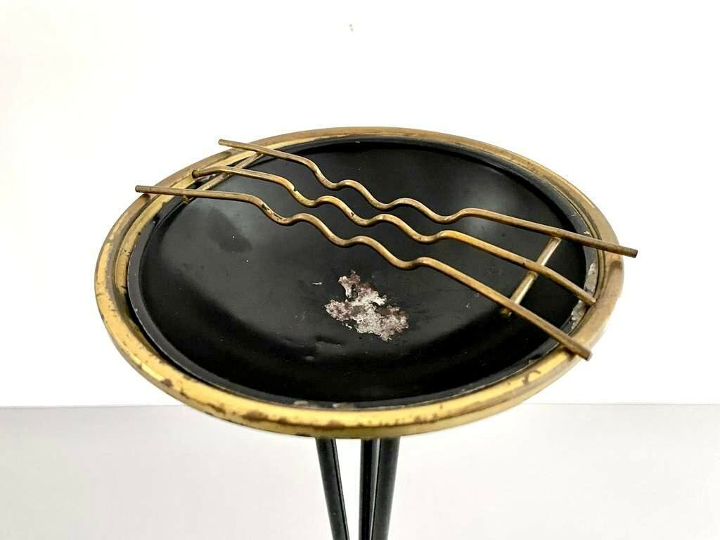 Italian Black Body   Gold Top Metal Elegantly Designed Self Standing Tripod Ashtray   1950s, Italy photo vinterior