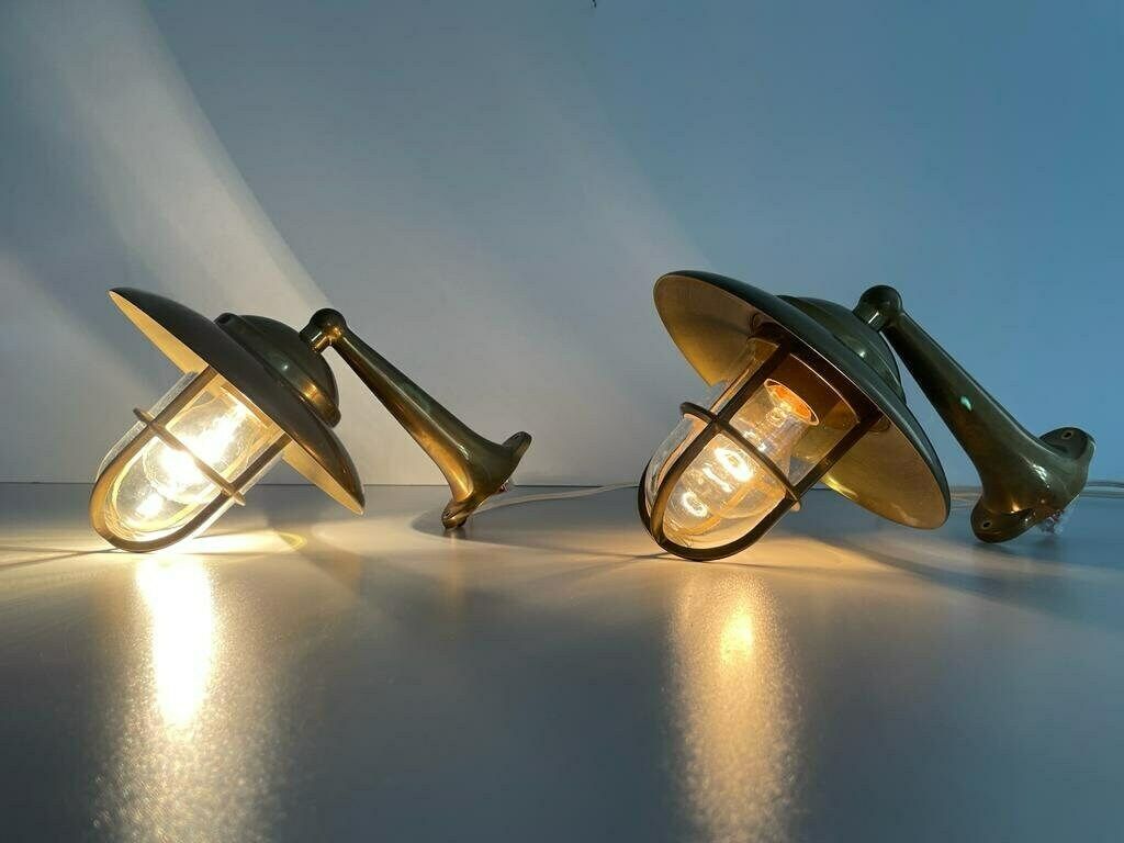 Wonderful Brass And Glass Pair Of Iconic Ship Wall Lamps, 1960s, Germany photo for sale