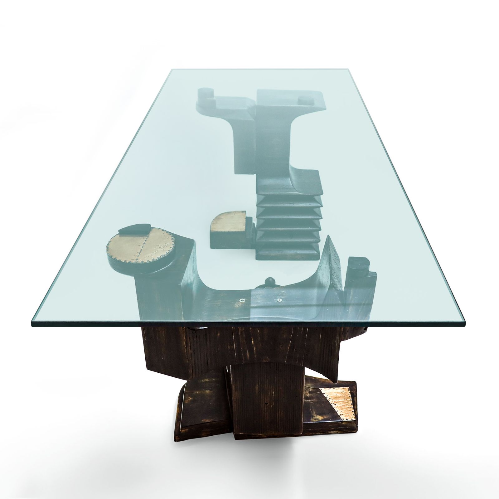 Brutalist Wooden And Glass Dining Table By Nerone, Giovanni Ceccarelli, Co Founder Gruppo Np2