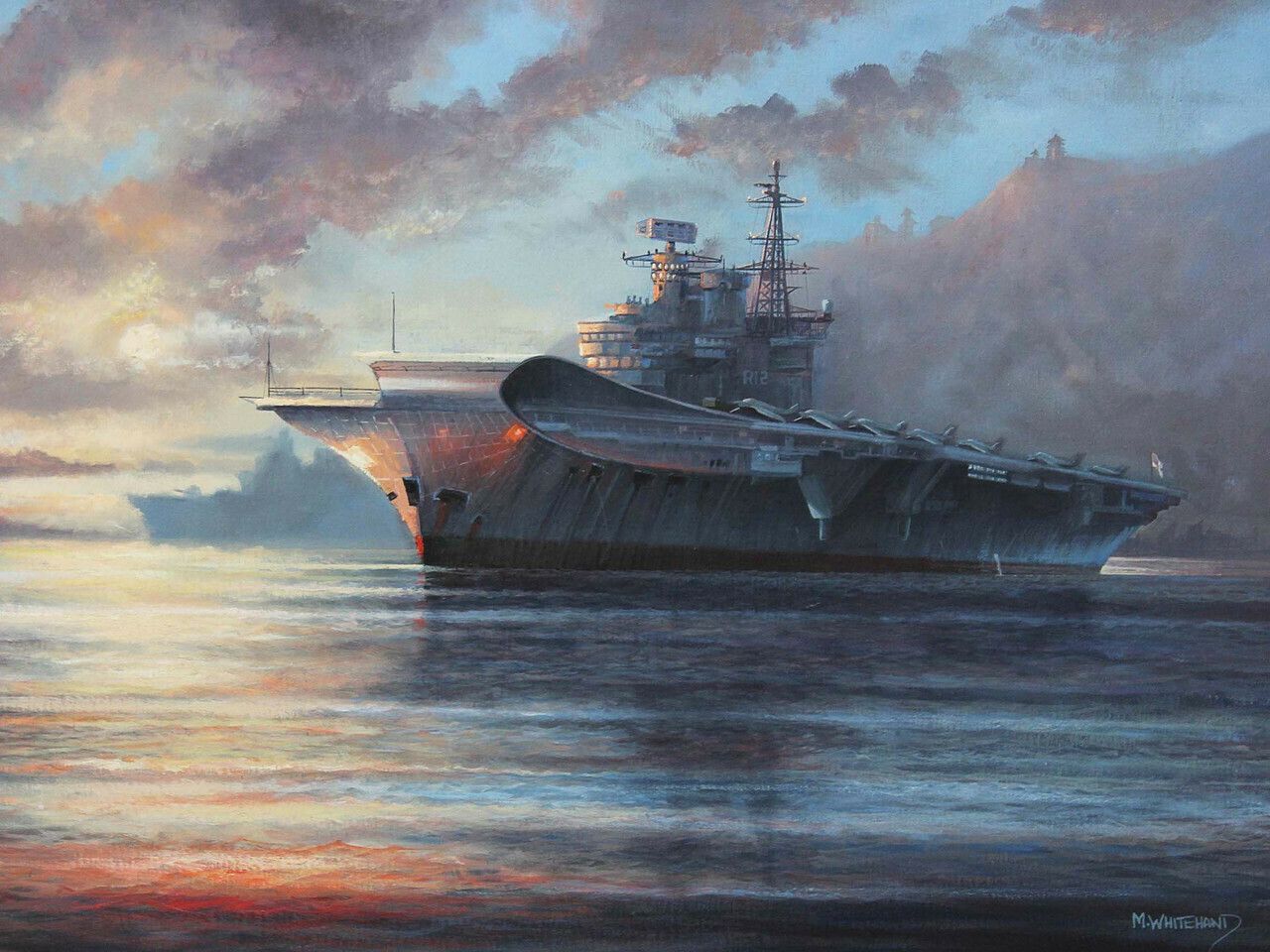 Naval Majesty: M J Whitehand's High Quality Large Oil Painting Of Hms Hermes Aircraft Carrier photo furniture
