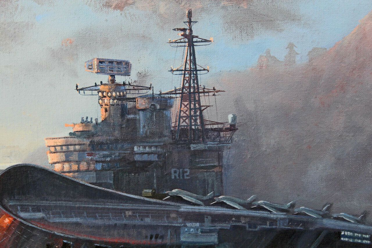 Naval Majesty: M J Whitehand's High Quality Large Oil Painting Of Hms Hermes Aircraft Carrier photo vintage