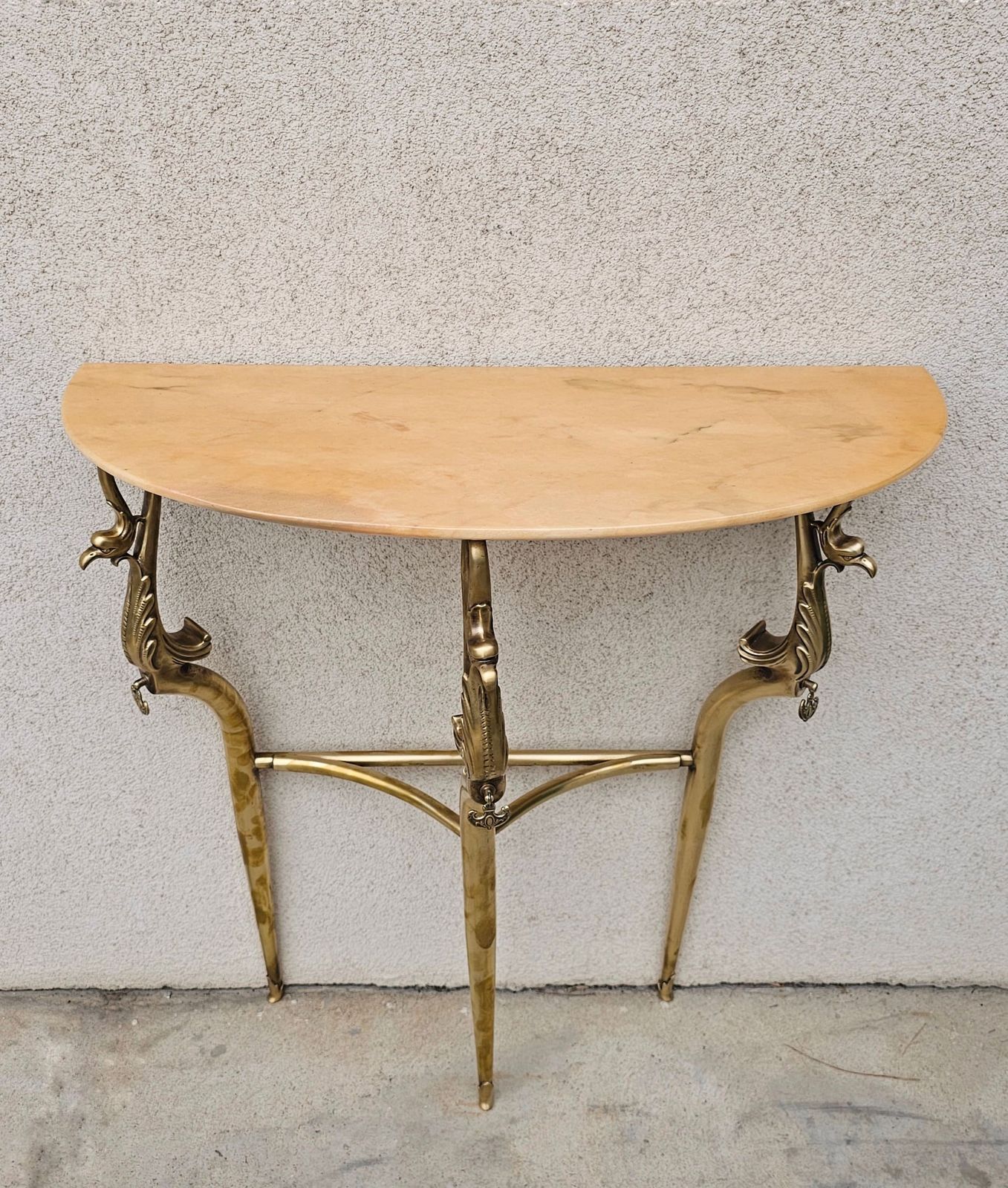 Hollywood Regency Brass Console Table With Semi Circular Marble Top Featuring Swan Motif // Made In Italy In 1950s