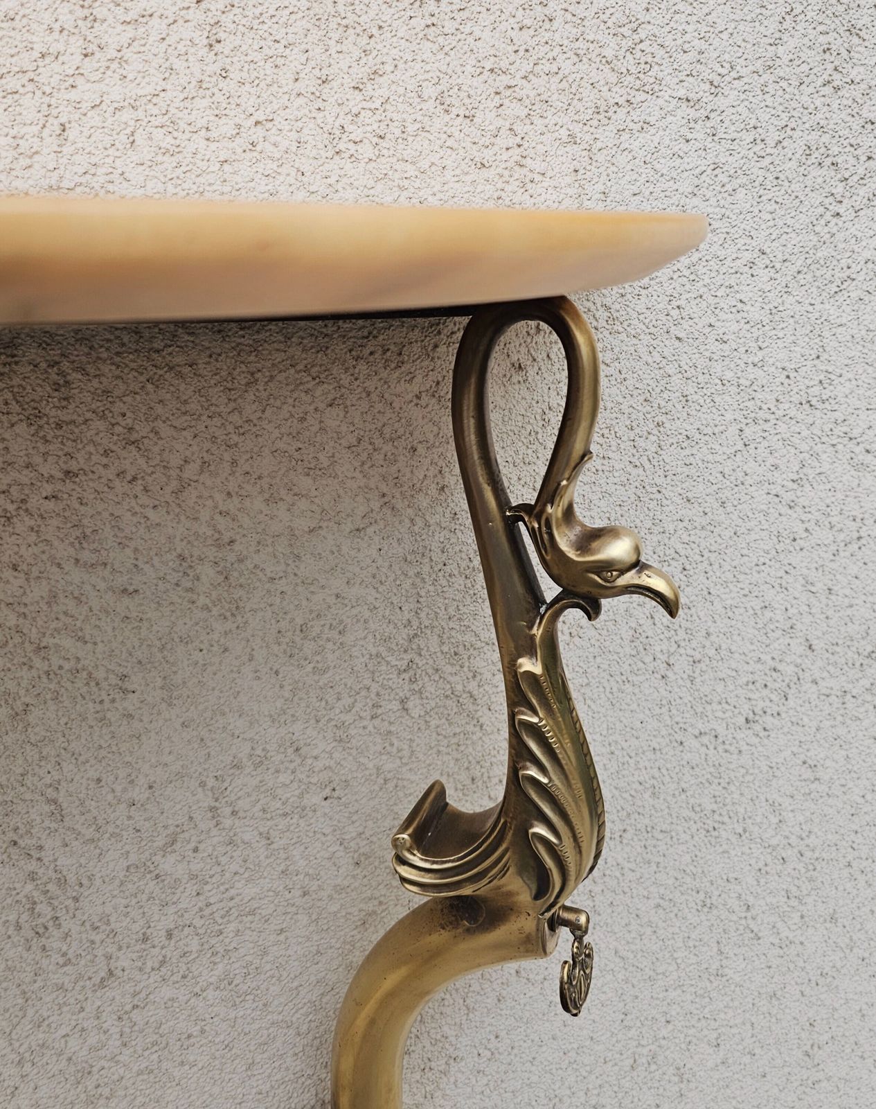 Hollywood Regency Brass Console Table With Semi Circular Marble Top Featuring Swan Motif // Made In Italy In 1950s photo for sale