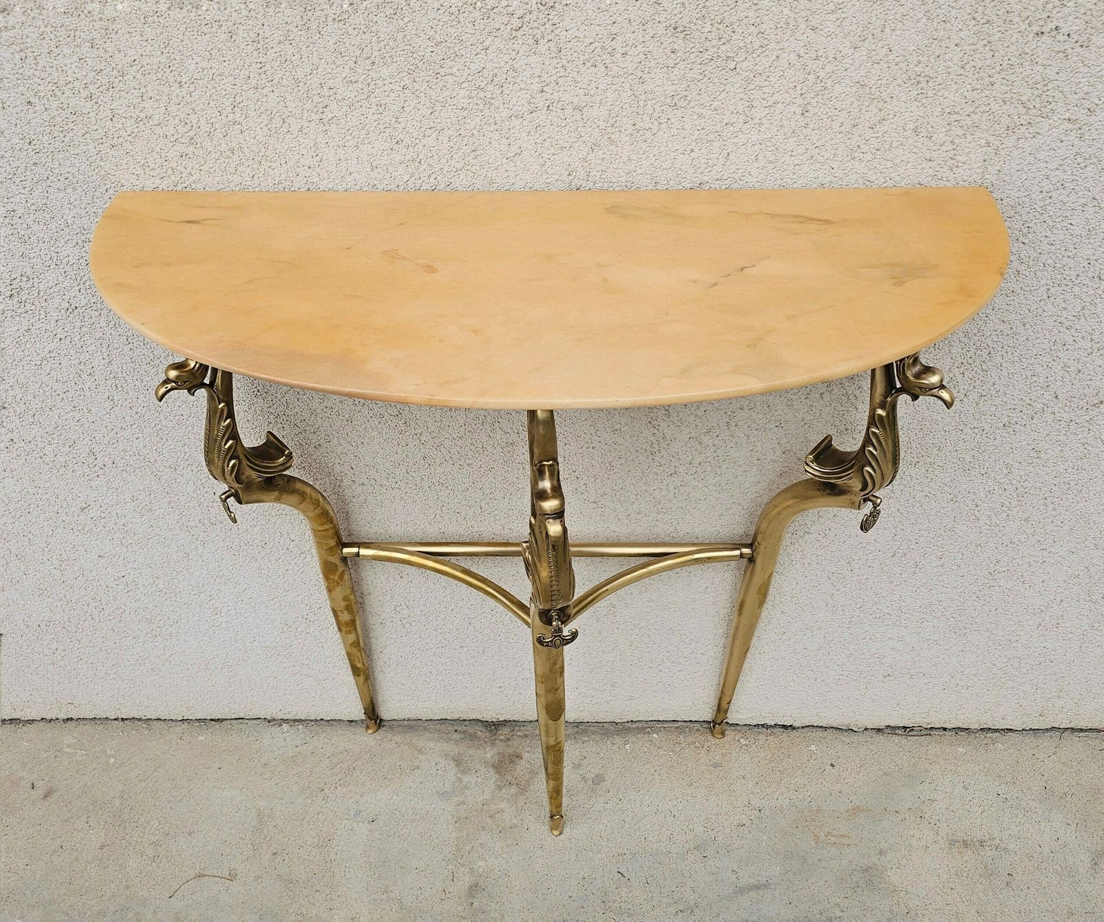 Hollywood Regency Brass Console Table With Semi Circular Marble Top Featuring Swan Motif // Made In Italy In 1950s photo vinterior