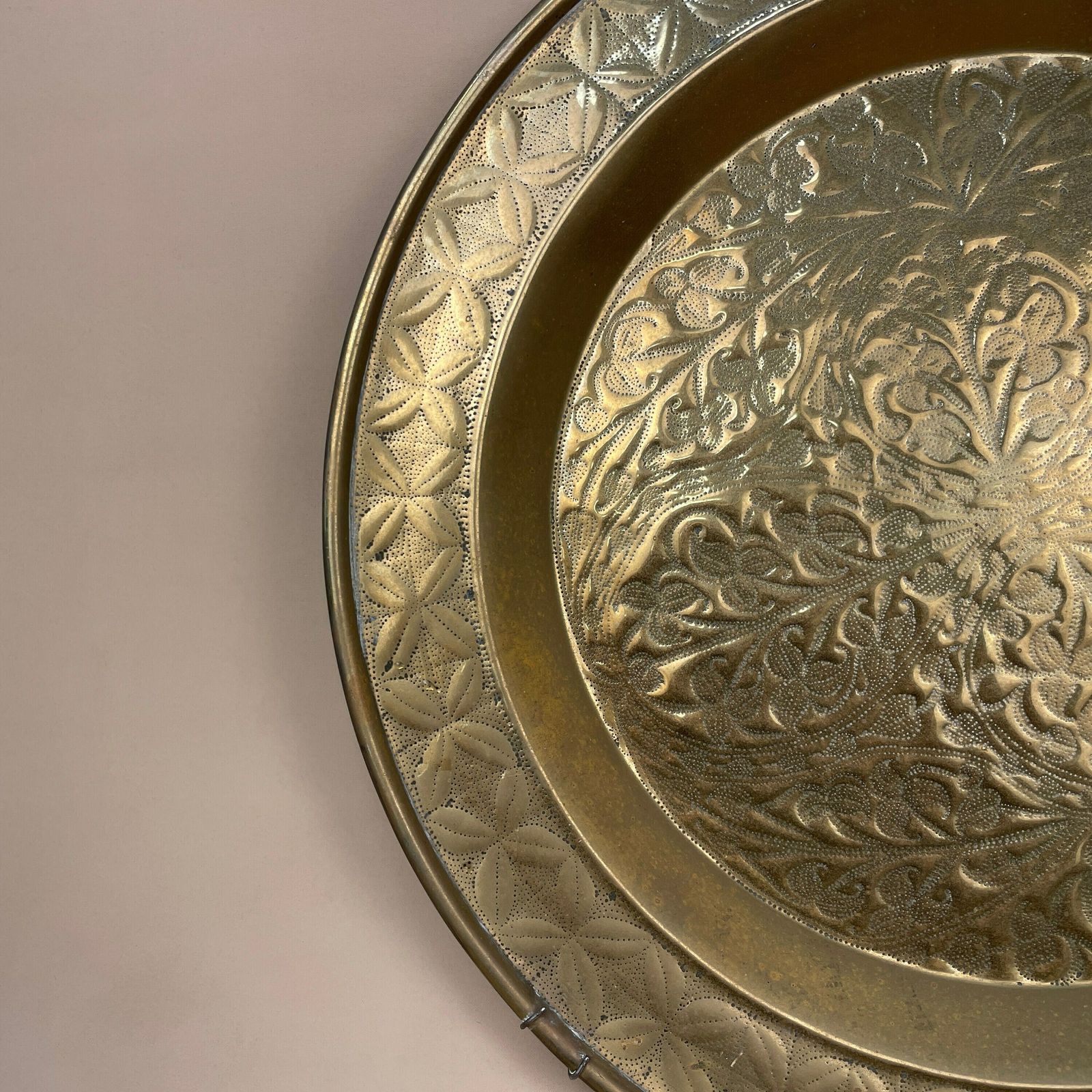 Antique Metal Gold Indian Patterned Brass Tray 49cm Plate Asian Handmade Copper Etched Intricate Vintage Decorative Patterned Wall Art photo 70.0