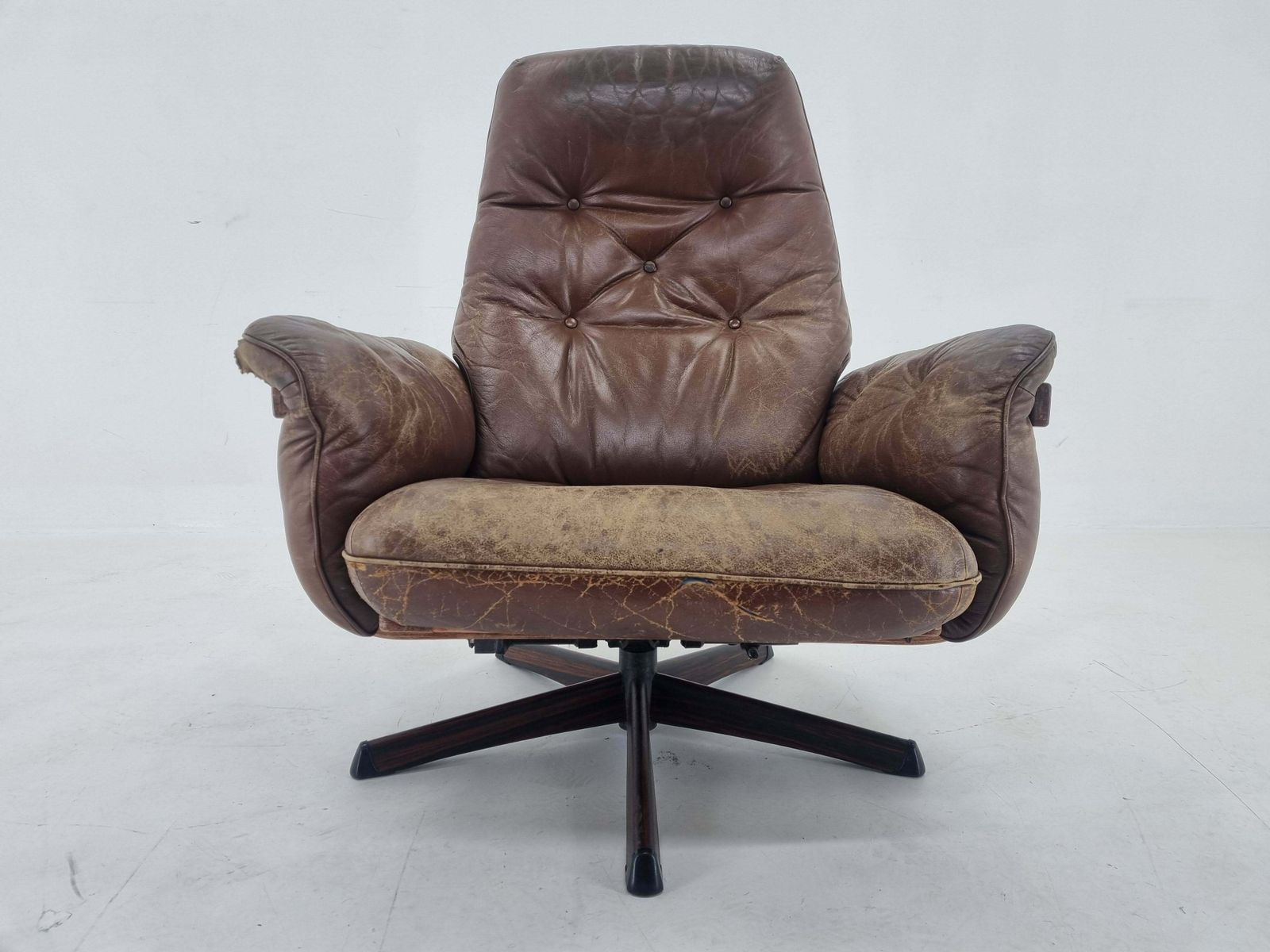 photo for sale Midcentury Swivel Leather And Wood Armchair Göte Möbler Nässjö, Sweden, 1960s