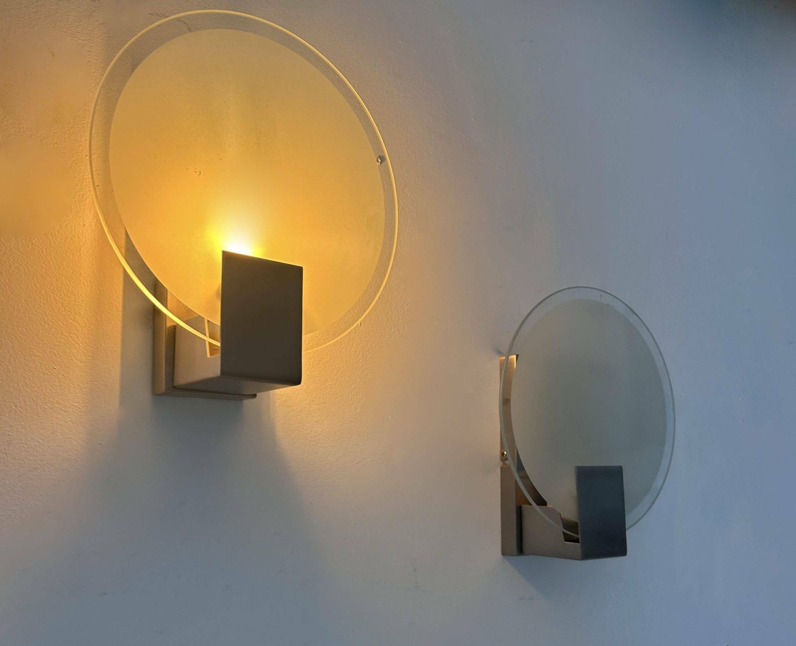 Pair Of Vintage Round Wall Lights, Chrome And Sandblasted Glass, France 1980s photo Lighting