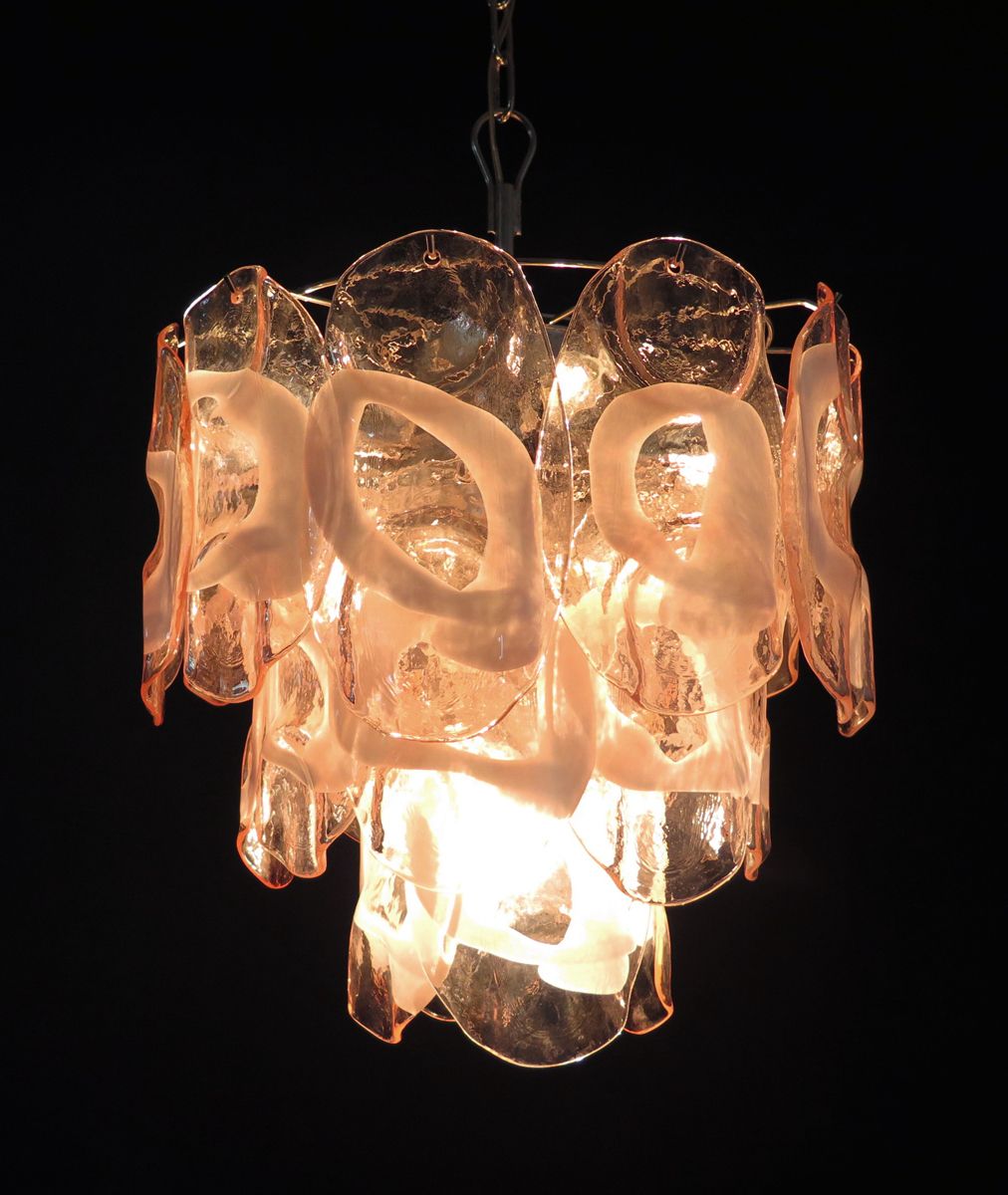 1970’s Vintage Italian Murano Chandelier Lamp In Vistosi Style 23 Pink Glasses photo for sale