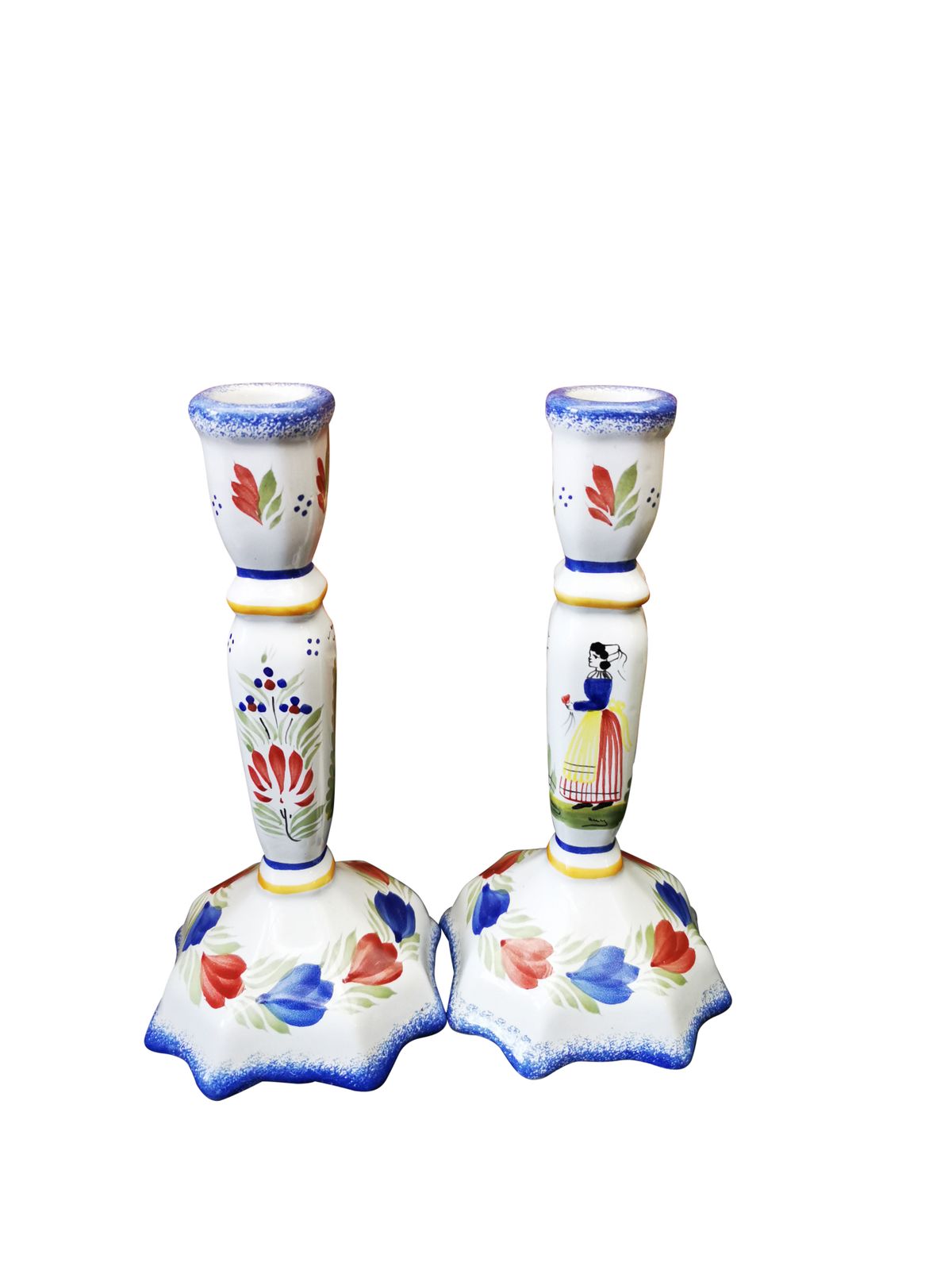 Vintage Quimper Candlesticks, Handpainted Mistral Blue Man And Woman Candlesticks By Quimper