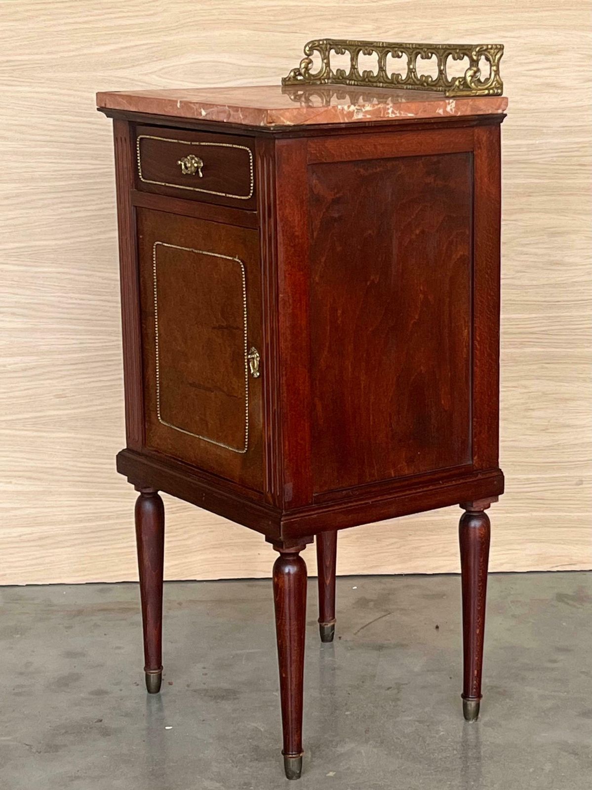 Pair Of Italian Marquetry Nightstands With Bronze Crest, Drawers And Doors photo vintage