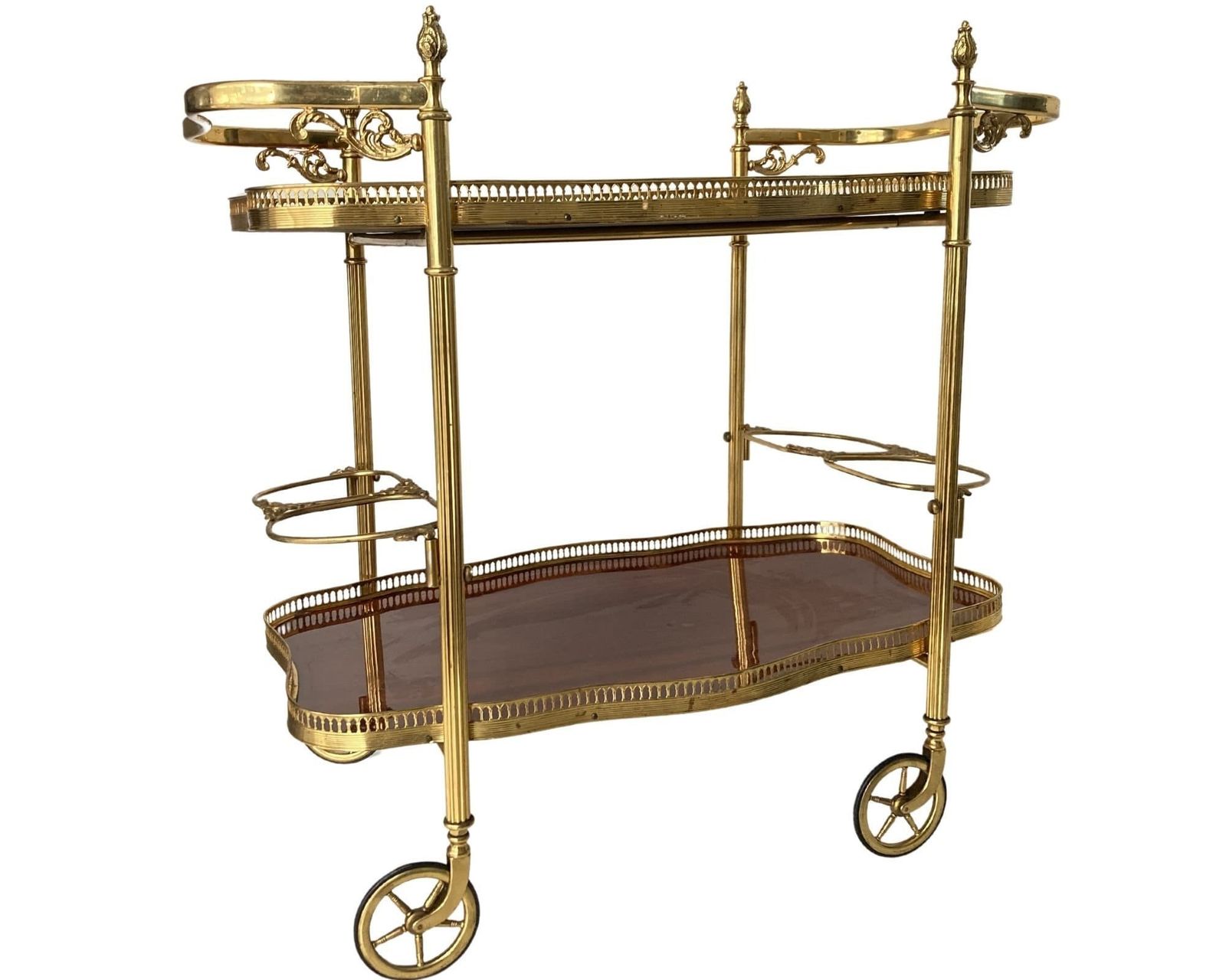 Barkast Van Messing En Hout | Neoklassiek Bladvorming | Teakhout Met Afneembare Dienbladen | Ca. Jaren 1950 photo furniture