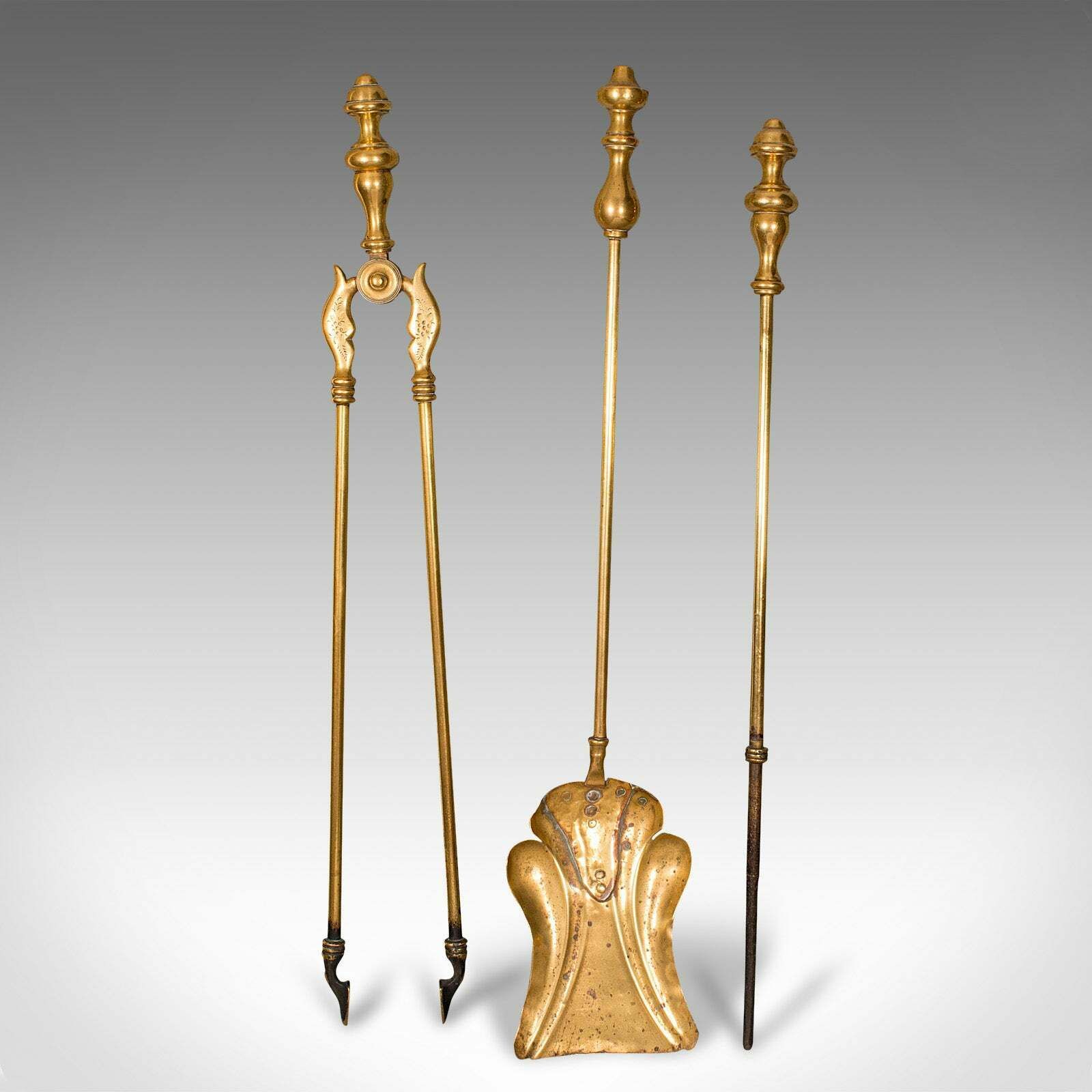 Antique Companion Set, Fireside Tools, English, Brass, Shovel, Tongs, Victorian photo furniture