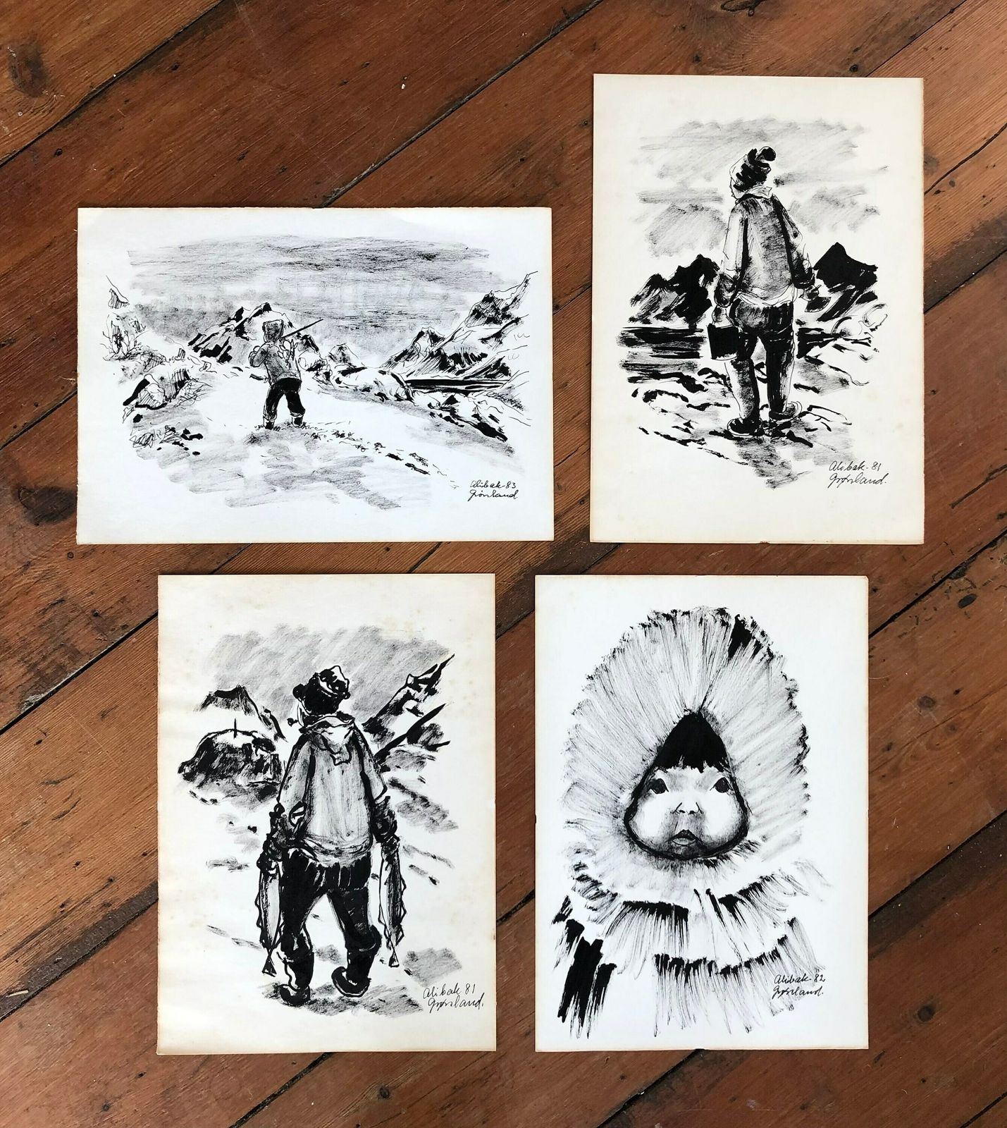 Four Drawings With Motives From Greenland By Artist Alibak Johansen (1921 2007)