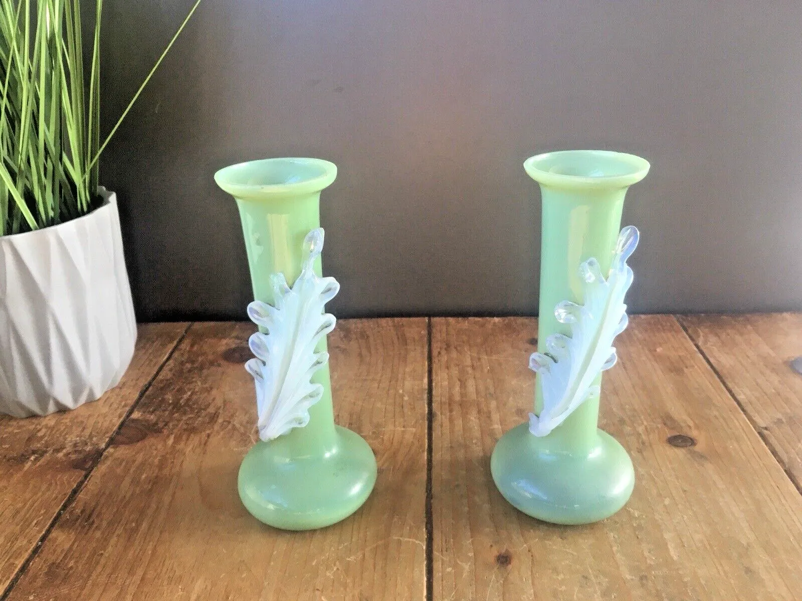Pair Of Antique 19th C Bohemian Applied Vaseline Leaf Jade Glass Bud Vases Czech photo furniture
