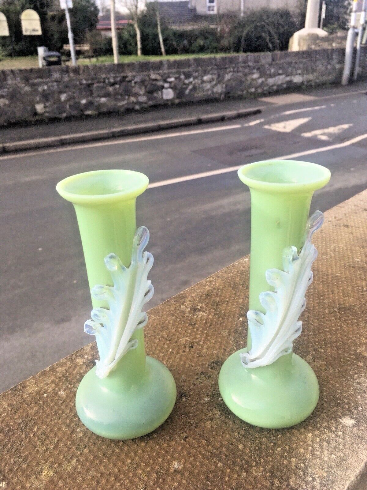 photo for sale Pair Of Antique 19th C Bohemian Applied Vaseline Leaf Jade Glass Bud Vases Czech