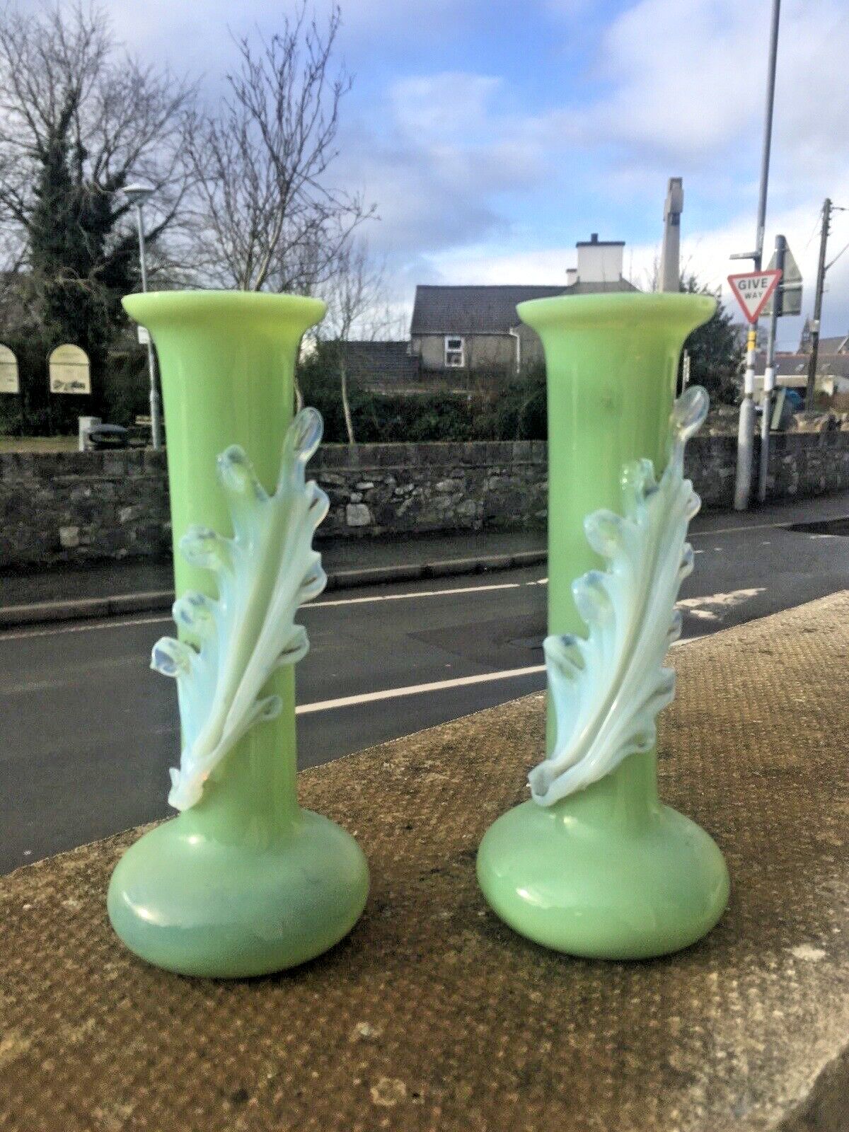 120.0 Pair Of Antique 19th C Bohemian Applied Vaseline Leaf Jade Glass Bud Vases Czech photo