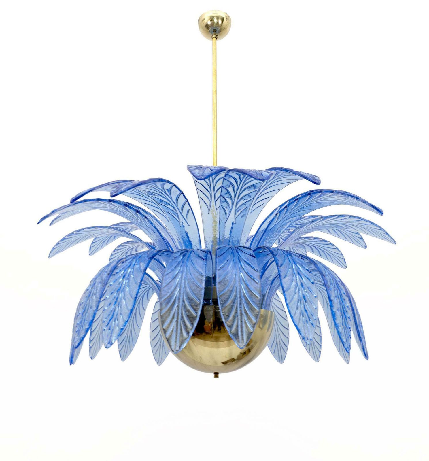 Mid Century Modern Palm Leaves Big Chandelier Murano Glass And Brass, 1970s photo vinterior