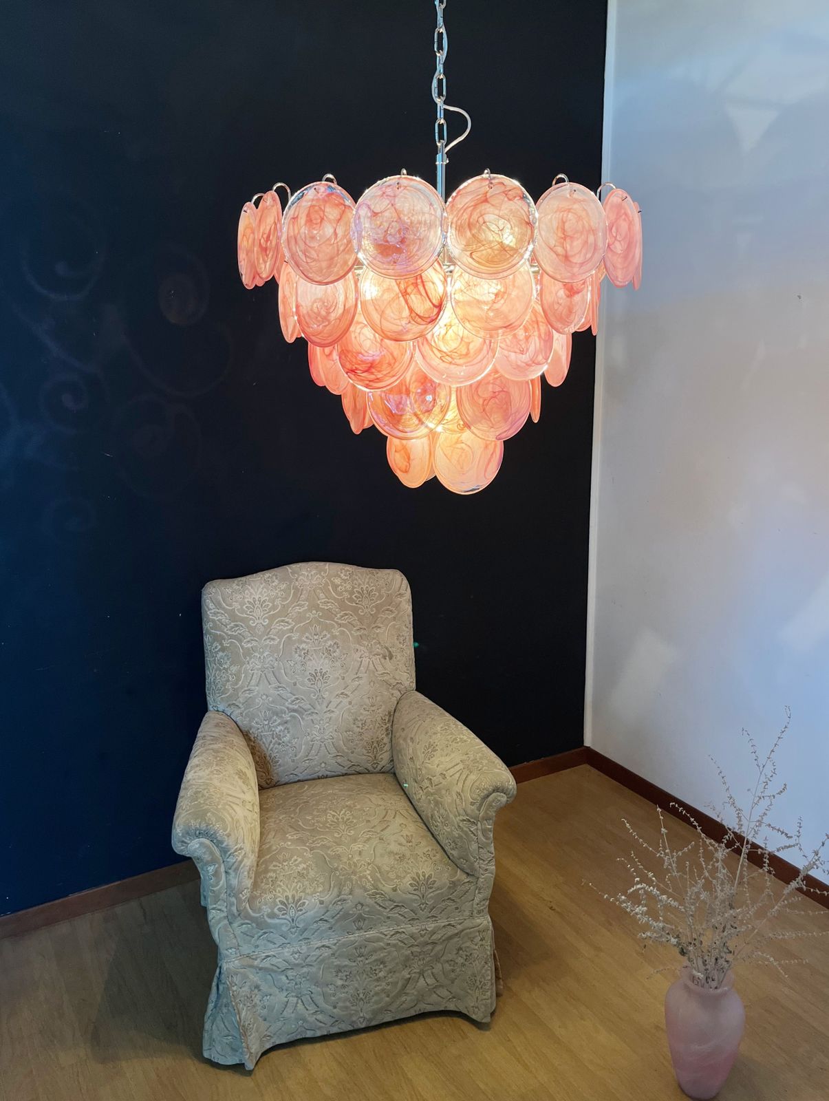 photo for sale High Quality Murano Chandelier Space Age   57 Pink Albaster Iridescent Glasses
