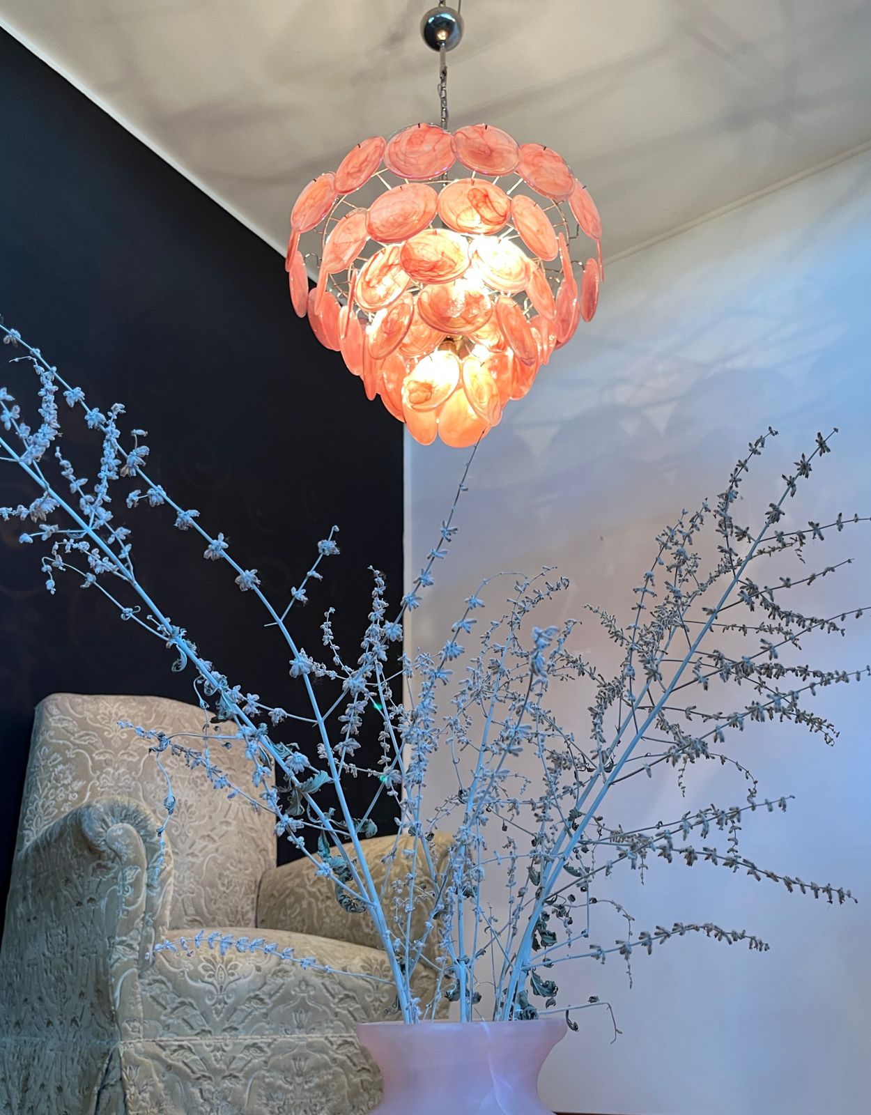 photo vinterior High Quality Murano Chandelier Space Age   57 Pink Albaster Iridescent Glasses