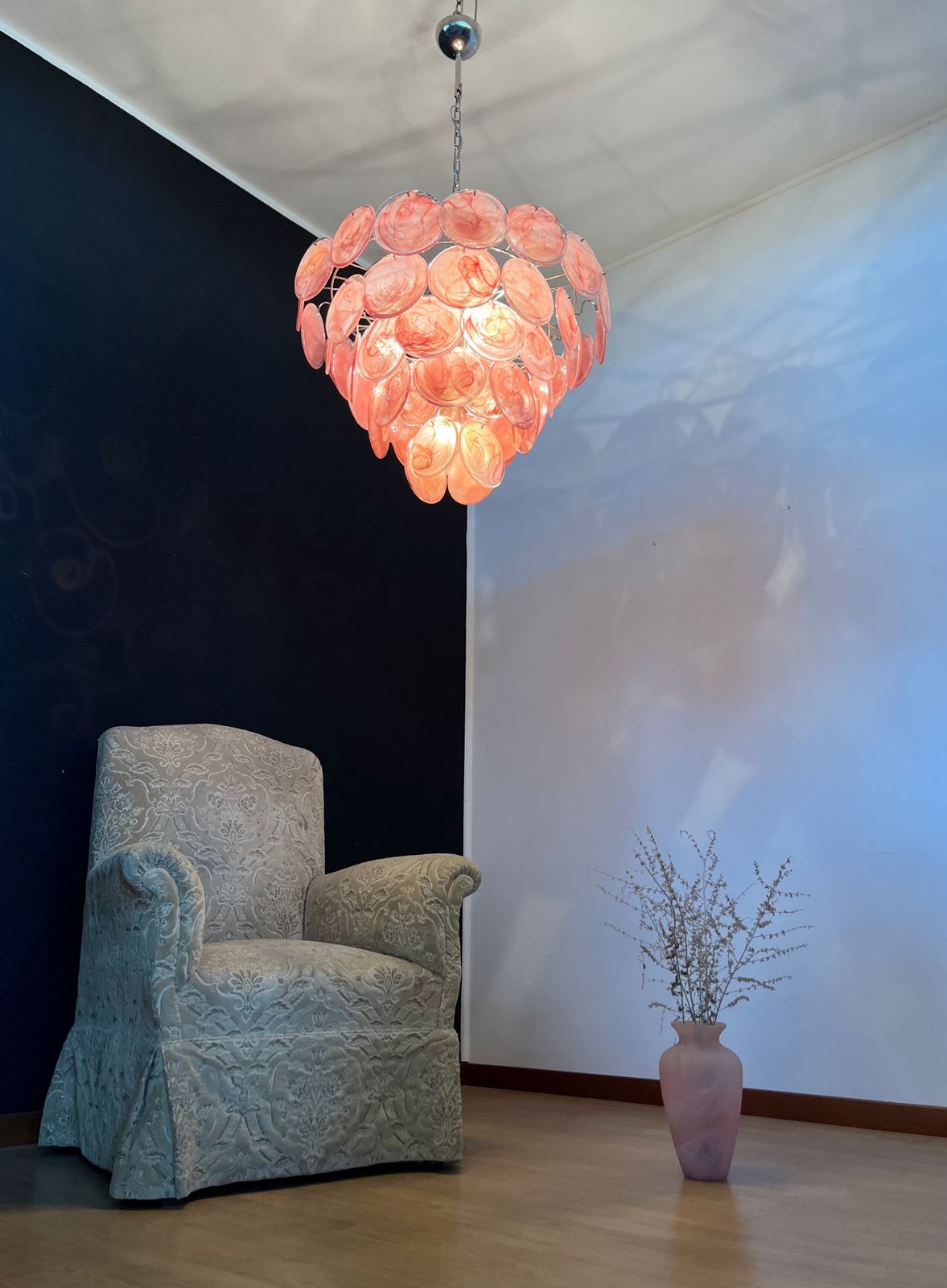 photo vintage High Quality Murano Chandelier Space Age   57 Pink Albaster Iridescent Glasses