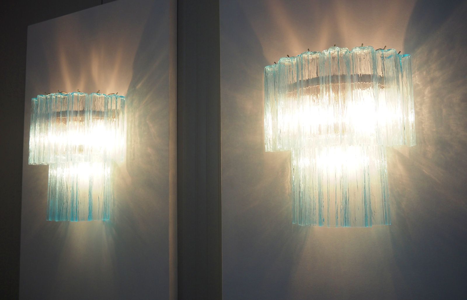 Fantastic Pair Of Murano Glass Tube Wall Sconces   13 Blue Glass Tube photo vinterior