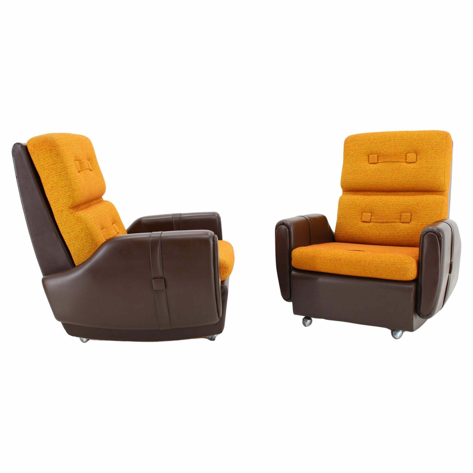 1970's Pair Of Leatherette And Fabric Armchairs, Czechoslovakia