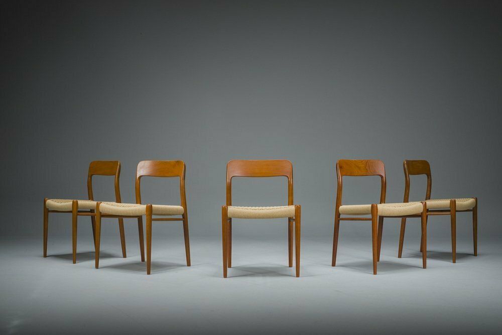 Danish Teak Mod. 77 Paper Cord Dining Chairs By Niels O. Møller For Jl Møllers, 1959, 5 . Set