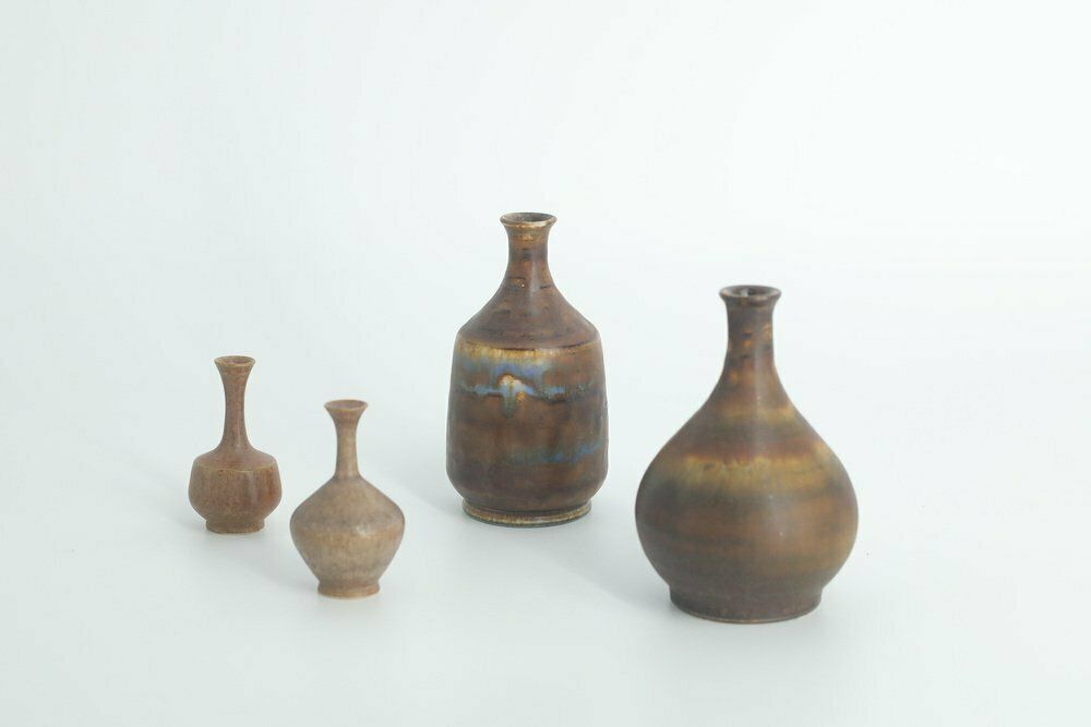 Small Mid Century Scandinavian Modern Brown Stoneware Vases By Gunnar Borg For Höganäs Ceramics, 1960s, Set Of 4