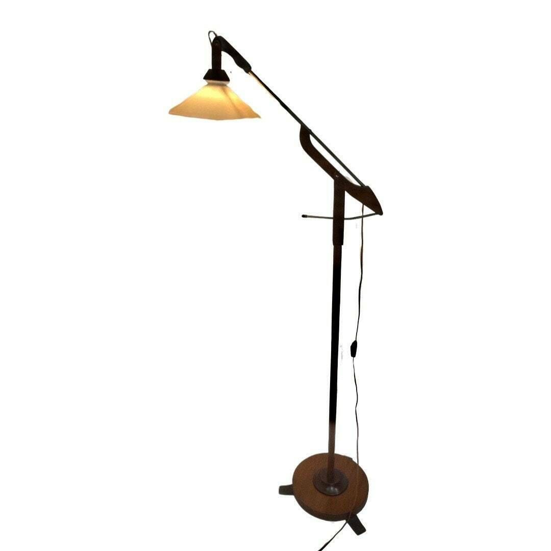 Vintage   Teak Wooden   Floor Lamp With Foldable Arm   Opaline Glass Shade   Denmark, Ca. 1950