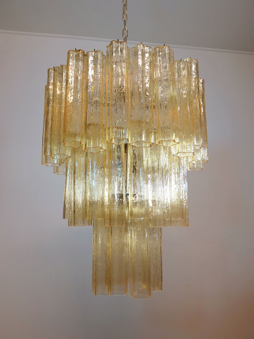 1300.0 Large Three Tier Venini Murano Glass Tube Chandelier   48 Glasses Clear Amber photo